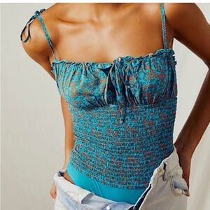 Free People Intimately Bardot floral smocked bodysuit blue 4497 XS cottage core
